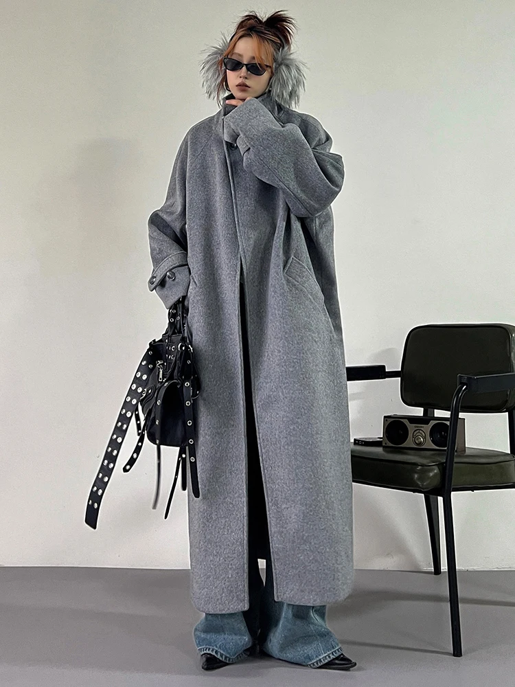 YERMORA Gray Pocket Casual Woolen Coat For Women Stand Collar Long Sleeve Overcoat Fashion Tide Autumn Winter 2024 New