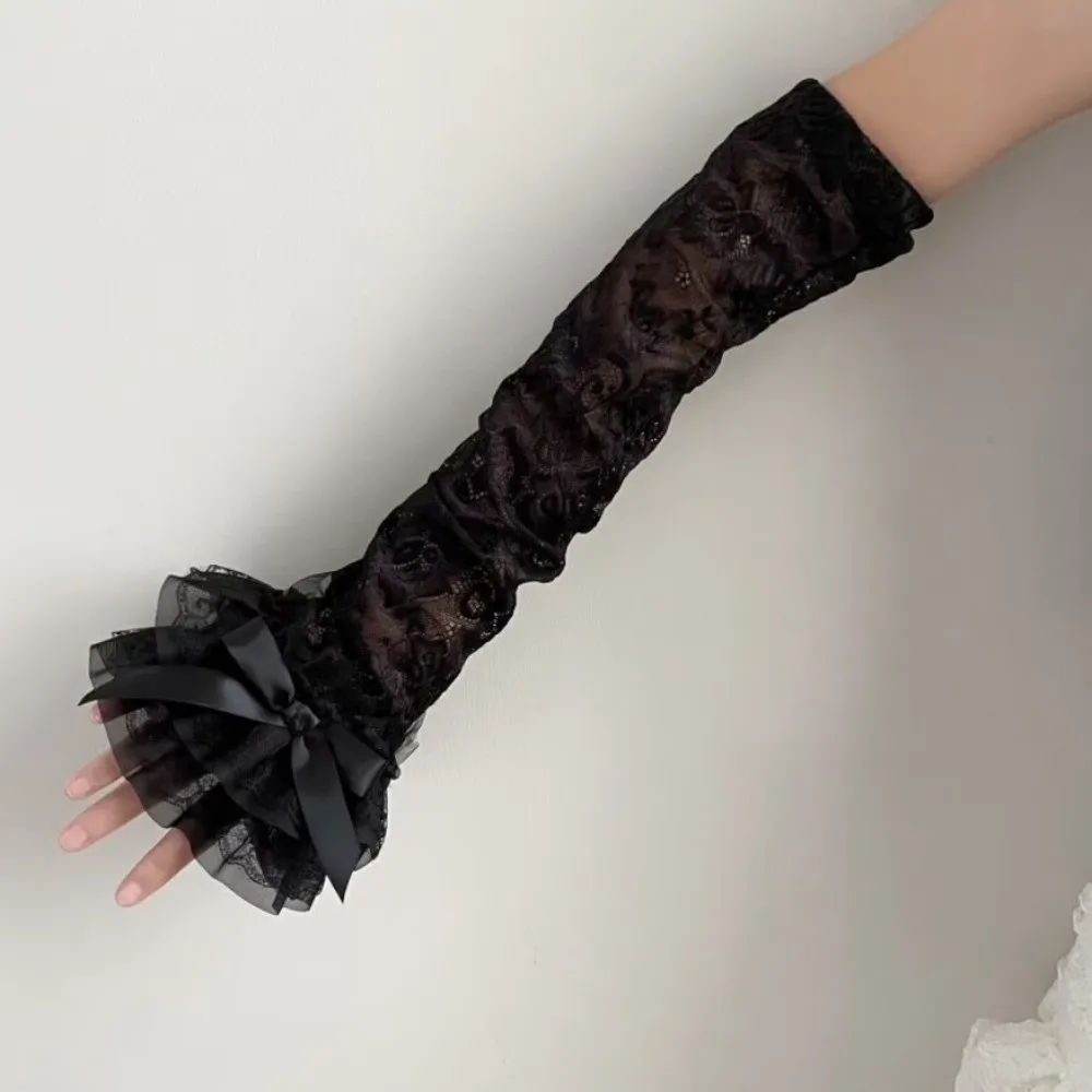

Breathable Bow Lace Sleeves Elastic Lolita Sun Protection Sleeve Fingerless Anti-UV Long Sleeved Arm Cover Girl