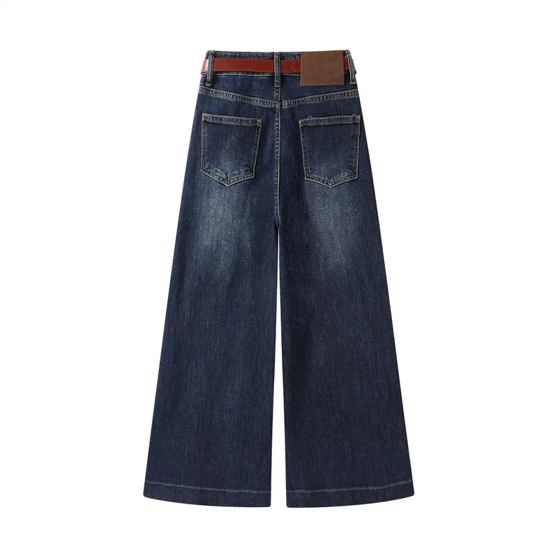 QICHE 2026 Early Autumn Women Korean Blue Grey Wide Leg Denim Pants, High Waist Draping Stretch Loose Slim Jean Trousers