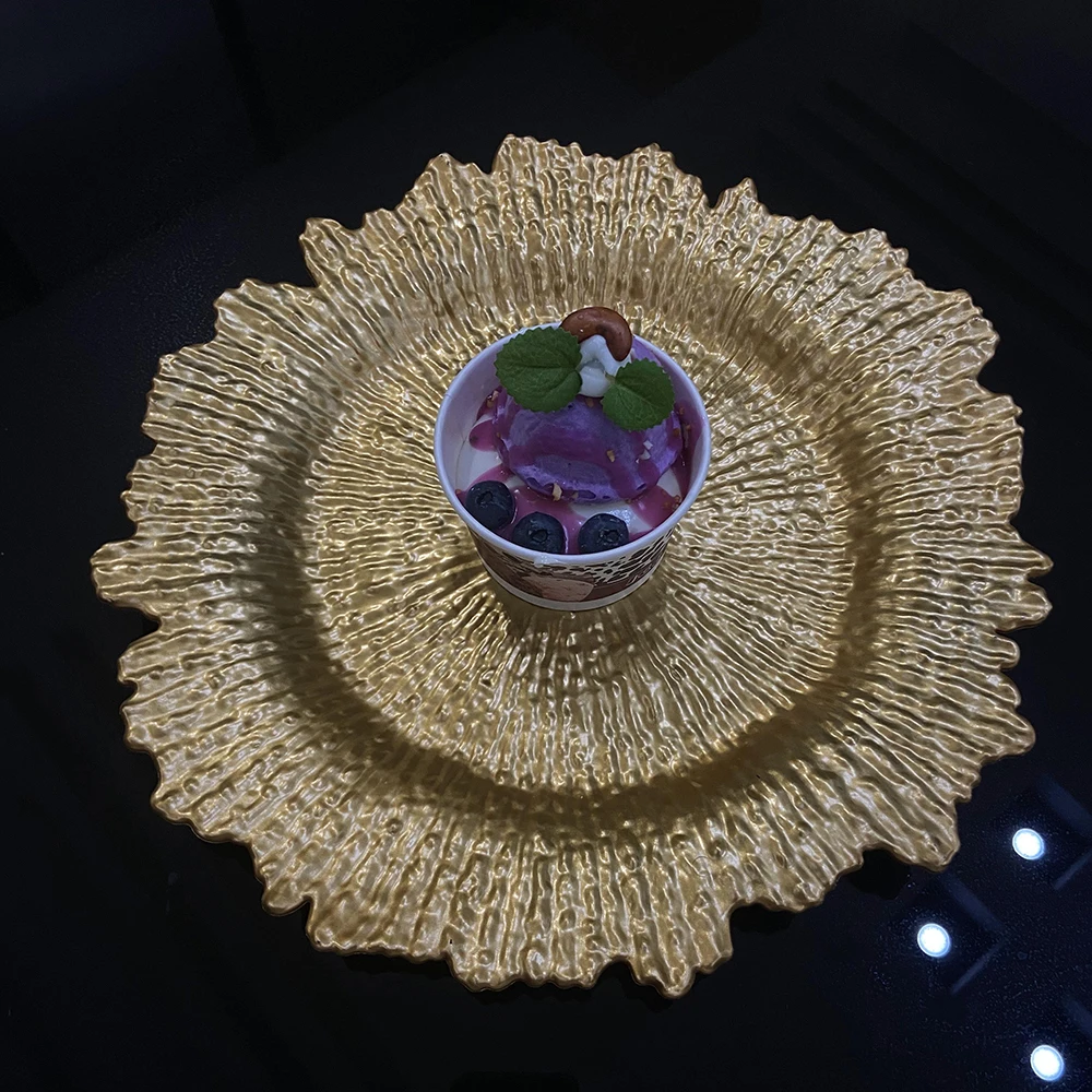 

Round 13" Gold Charger Plates Plastic Reef for Dinner Wedding Elegant Decoration Acrylic Under Plate