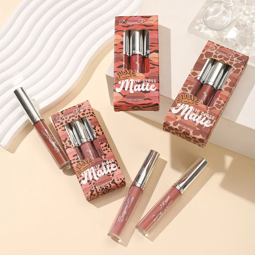 مجموعة علب هدايا أحمر الشفاه السائل طويلة الأمد مقاومة للماء مكونة من 3 قطع غير لاصقة غير لامعة مجموعة ملمع شفاه مريحة غير لامعة ألوان الشفاه #4