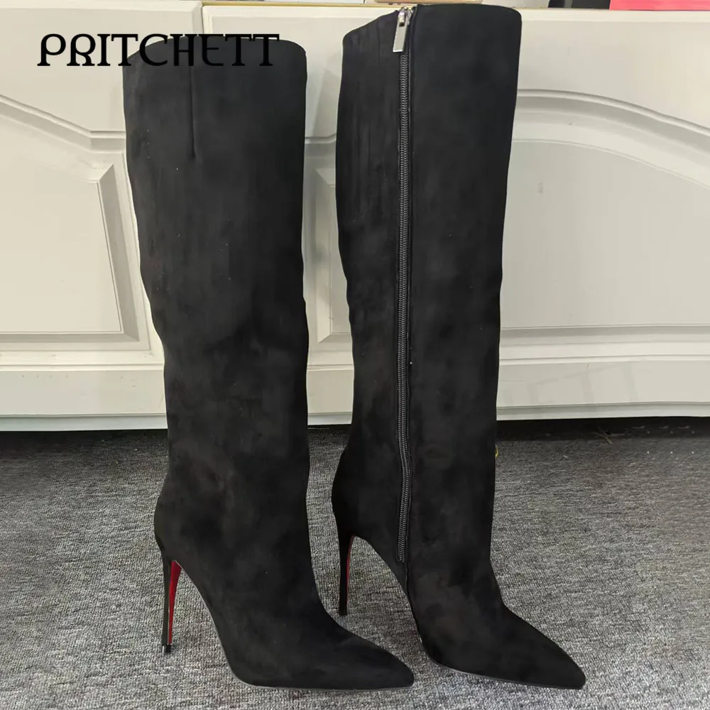 

Black Frosted Suede Boots Pointed Toe Stiletto Heels Side Zipper Solid Color Knee-High Boots Personality Fashion Women's Boots