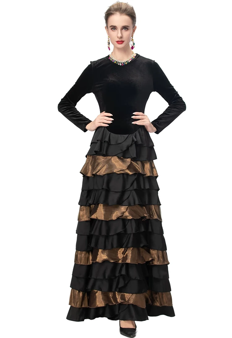 Dldenghan feminino veludo retalhos em camadas babados o pescoço manga longa maxi vestido vintage bolo estilo vestidos outono feminino