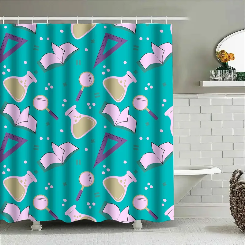 Charmful Science Classroom Decor Shower Curtain SetModern Design with Laboratory Flasks and Test Tubes Pattern Perfect for Kids