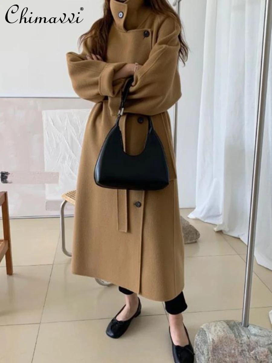 

Fashion Reversible Cashmere Coat Women's Mid-Length Loose Korean Style Overknee Stand-up Collar Tie Waist Woolen Coats Winter