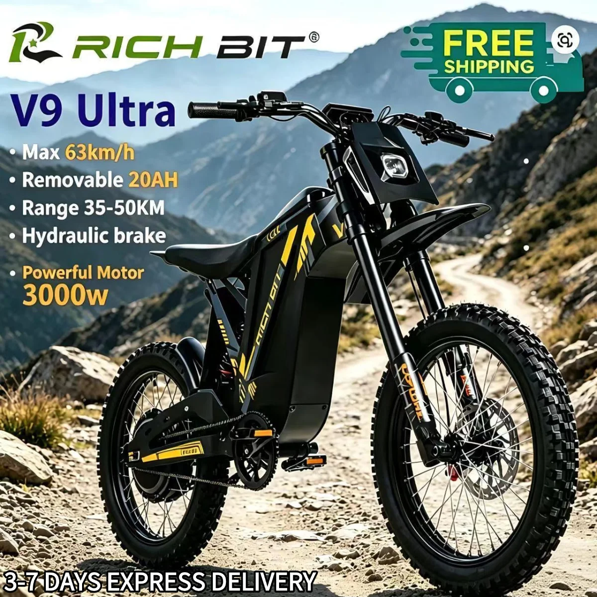 Pneu tout-terrain RICH BIT V9 Ultra 17'', 3000W, batterie amovible 48V 20Ah, frein hydraulique, étanche IPX5, moto électrique tout-terrain pour adultes