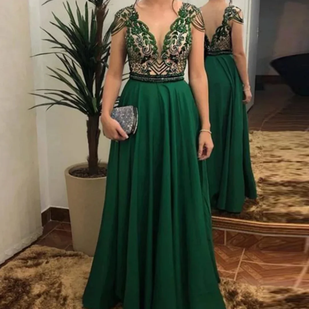 

Sexy Deep V-neck Mother Of The Bride Dress For Wedding Graceful Green A-line Evening Gown Sparkly Beads Prom Dress Customized