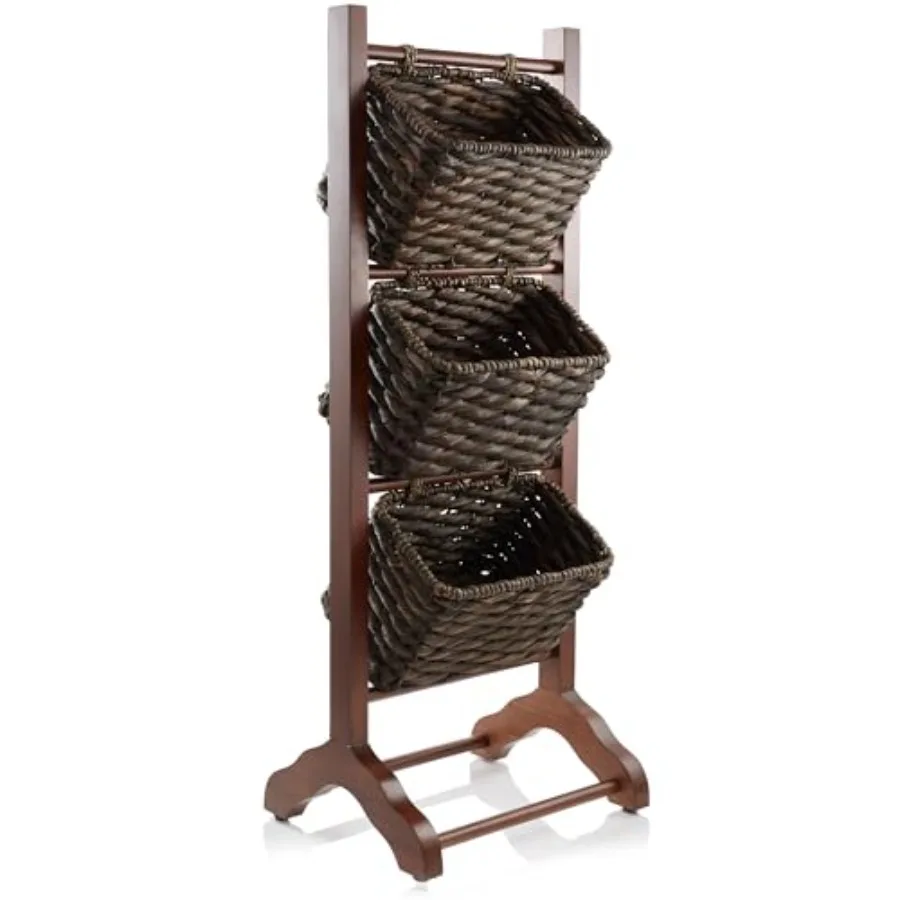 

Трехуровневая напольная тумба с корзинами для хранения из водяного гиацинта в цвете орех/эспрессо для ванной, кухни, прачечной, гостиной, для организации пространства