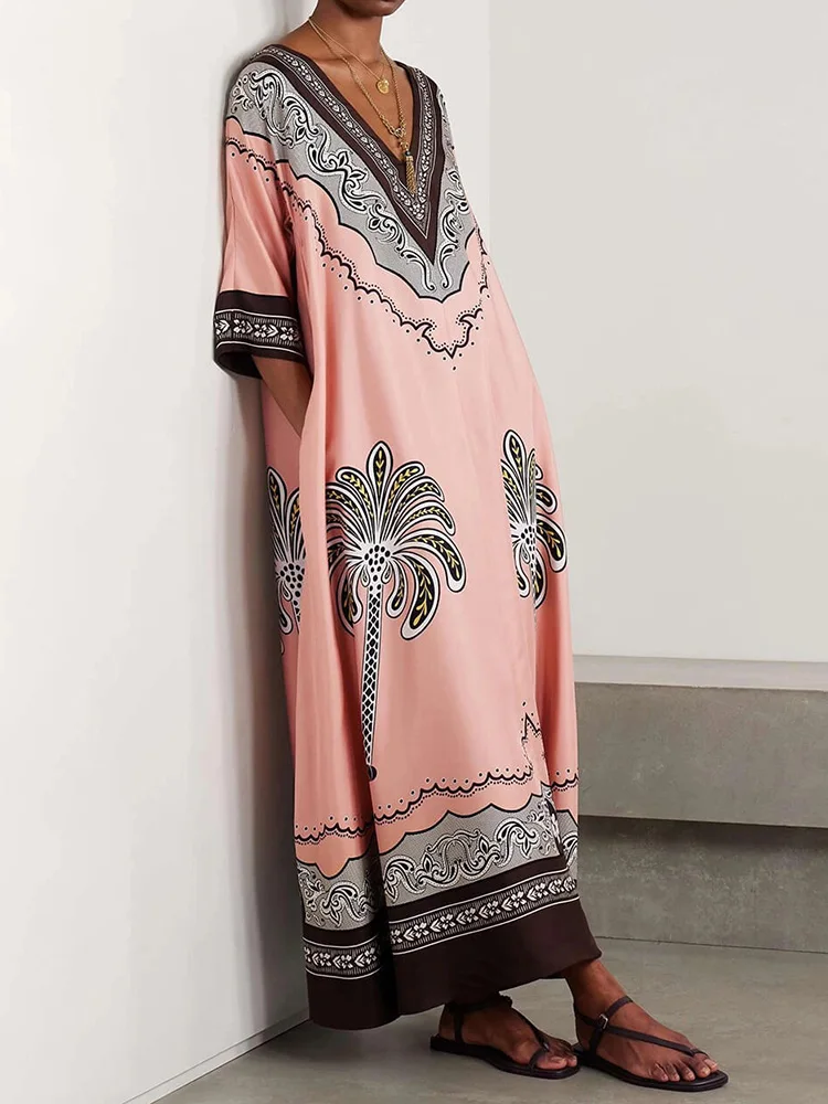 Lockeres Patchwork-Partykleid mit V-Ausschnitt, Damen-Retro-Druck, elegantes Urlaubskleid, 2025, halbe Ärmel, lässiges Damenkleid