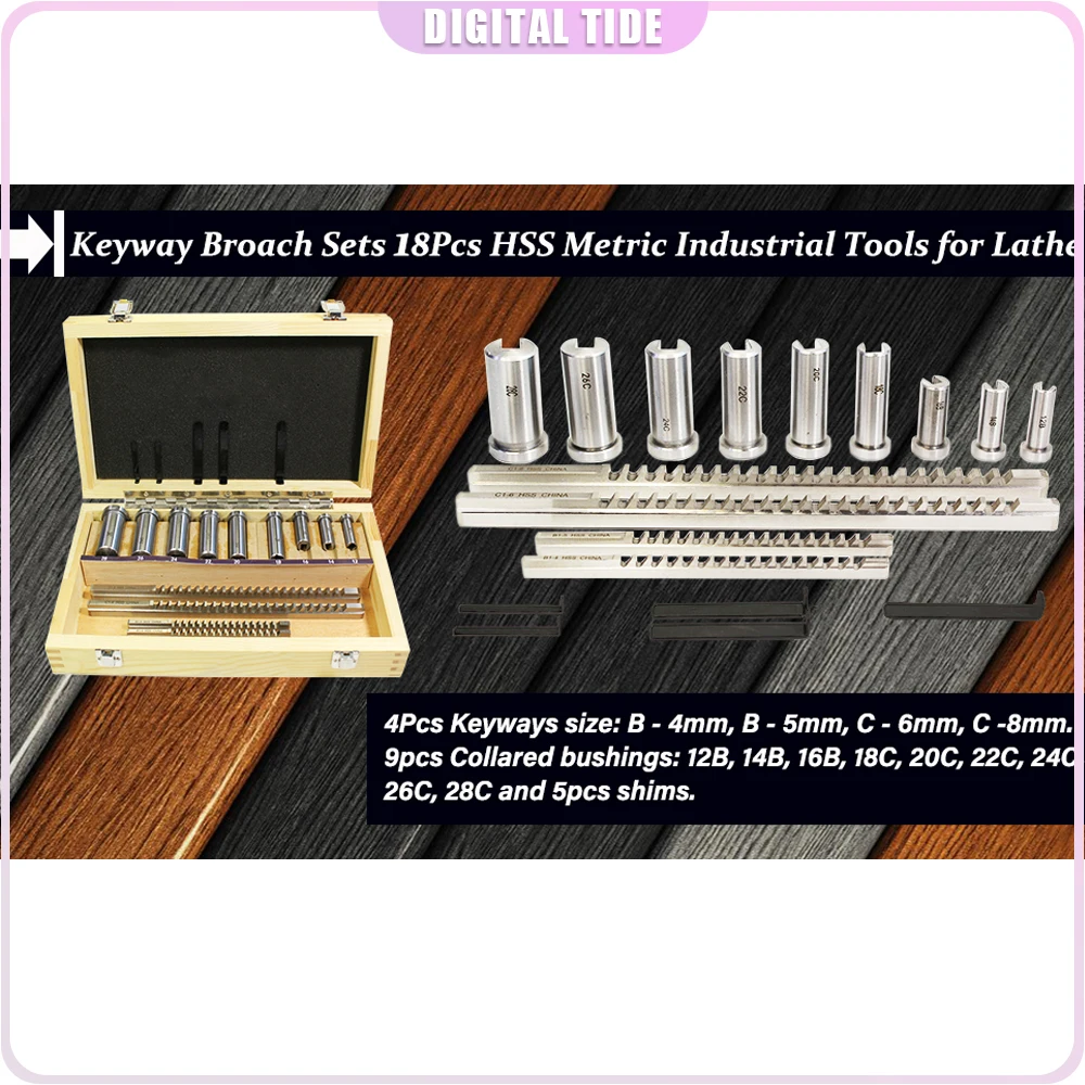 Keyway Broach Sets 18Pcs HSS Metric Industrial Tools for Lathe, B-4mm, B-5mm, C-6mm, C-8mm Keyway Size