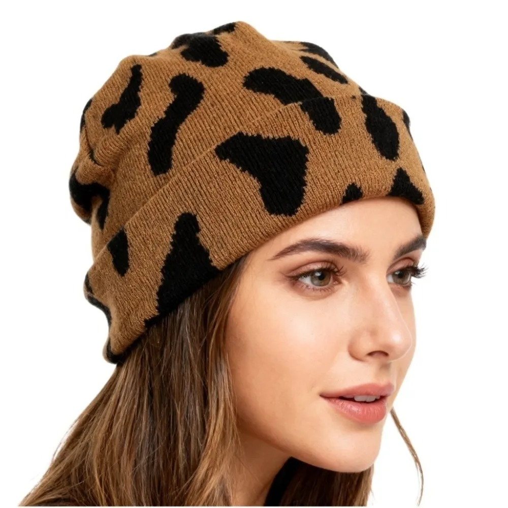 Fashion Thickened Cow Pattern Knitted Hat Keep Warm Ear Protection Pullover Hat Elastic Windproof Winter Beanie Hat Winter