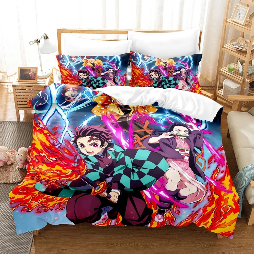 Anime Demon Slayer Bedding Sets Kamado Nezuko Bed Linen for Teens Girls Cartoon Twin Single Queen King Full Size Duvet Cover Set