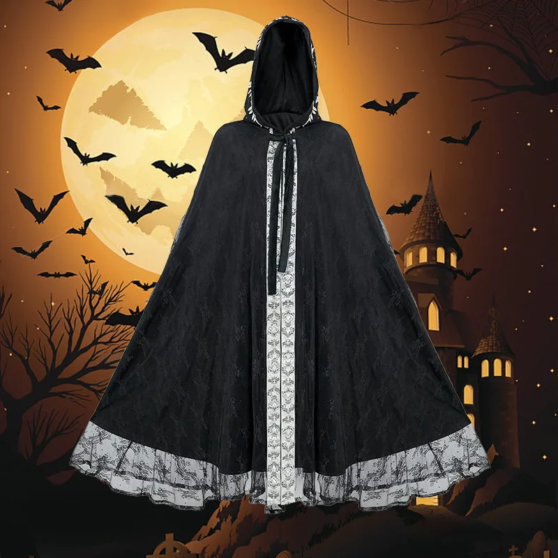 Victorian Royal Princess Pixie Cap Cloak Costume Europe and America Halloween Medieval Gothic Hooded  lace Long Cloak Cosplay