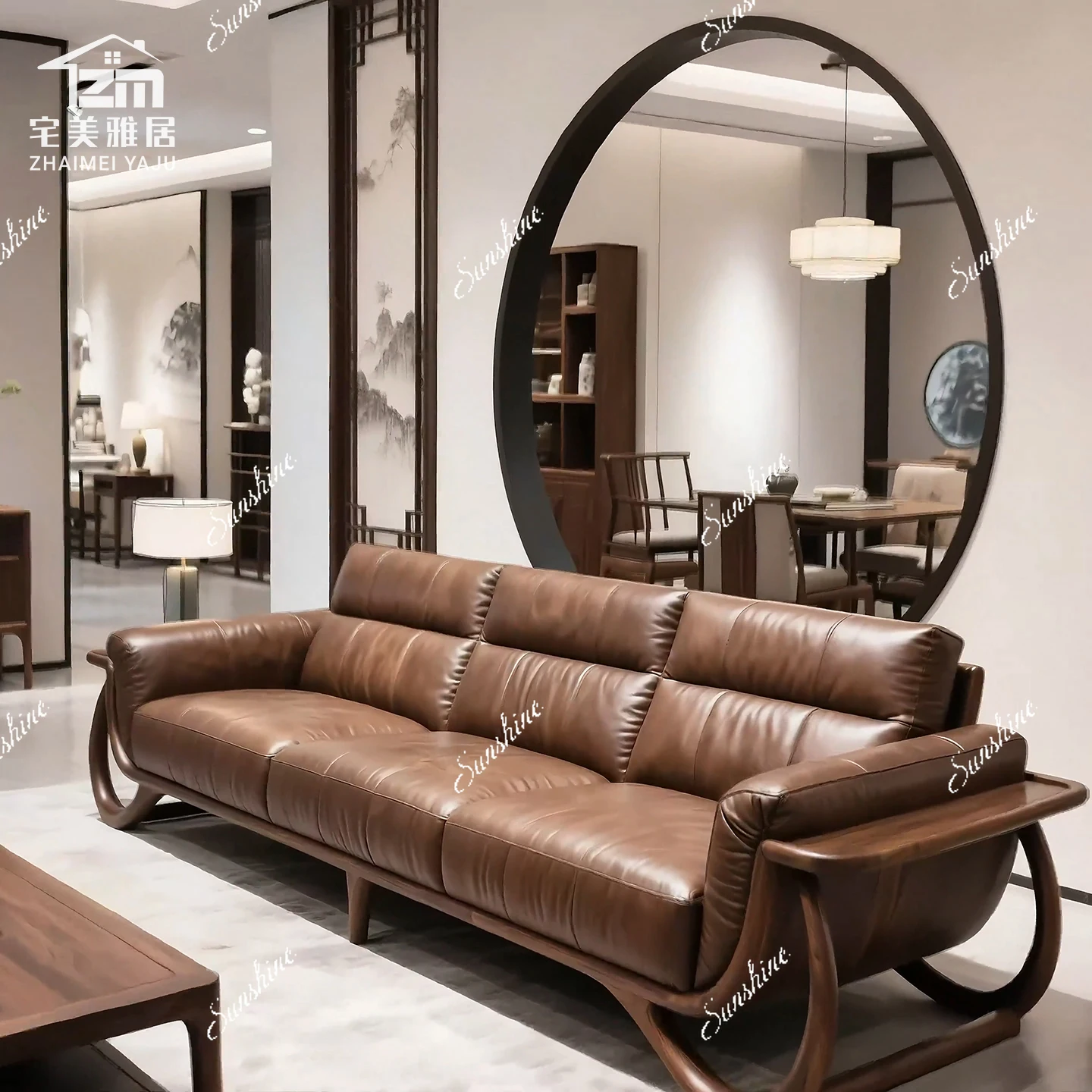 All solid wood leather sofa simple new Chinese living room creative furniture