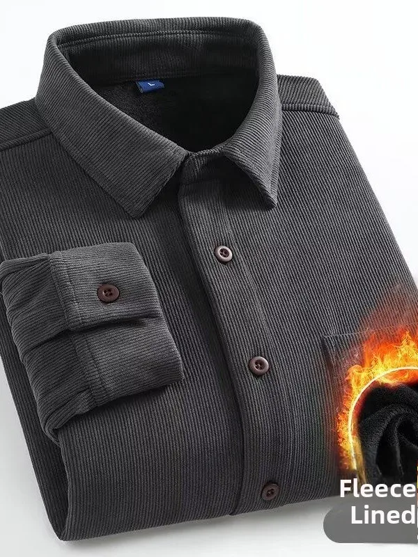 Men's Corduroy Shirt Long Sleeve Fleece Lined Loose Thick Business Casual Fashion Outerwear Autumn Winter Youth Popular Style