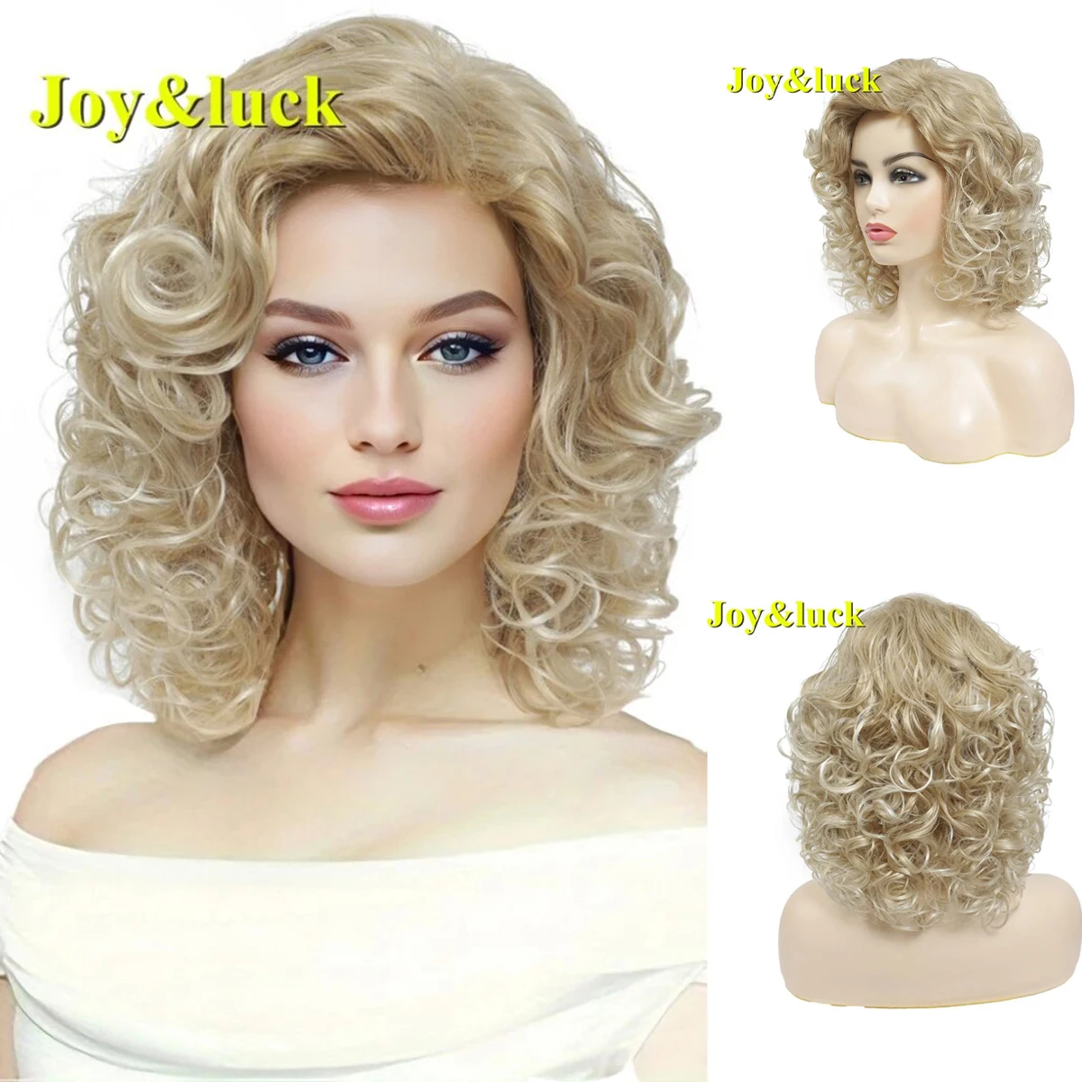 Joy & luck krótka peruka z lokami syntetyczne peruki do włosów złoty Mix blond kolor damska pełna peruka z grzywką naturalna codzienna fryzura