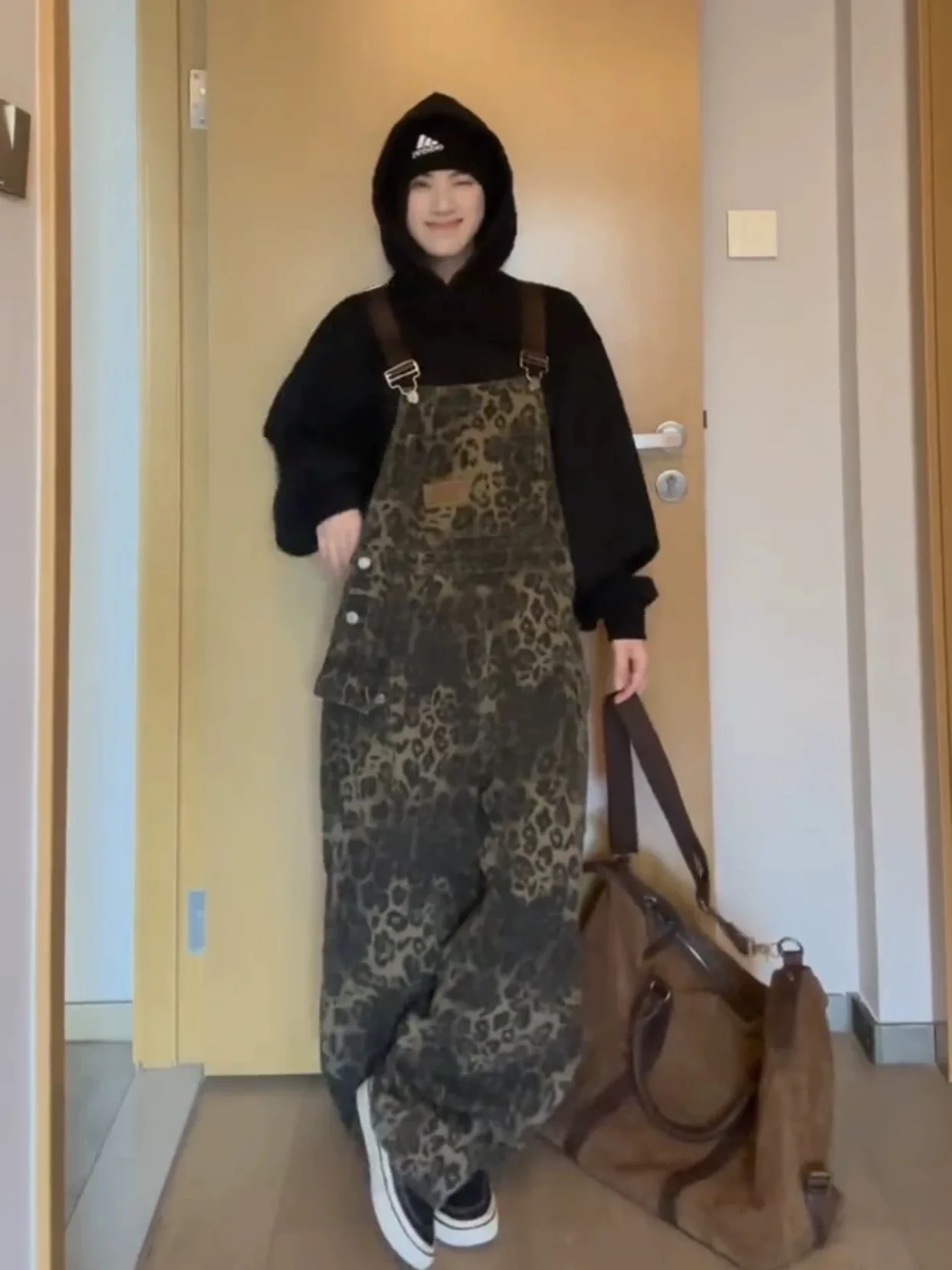 American Retro Leopard Print Denim Overalls Women's Spring Autumn Loose Lazy Straight Leg Workwear Overall Pants