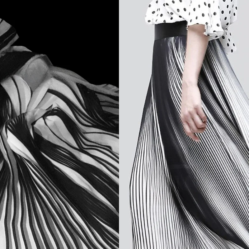 Double Color Black and White Striped Pleated Designer Print Dress  Wedding Dress  Spring and Autumn Long Skirt  Fashion Fabric