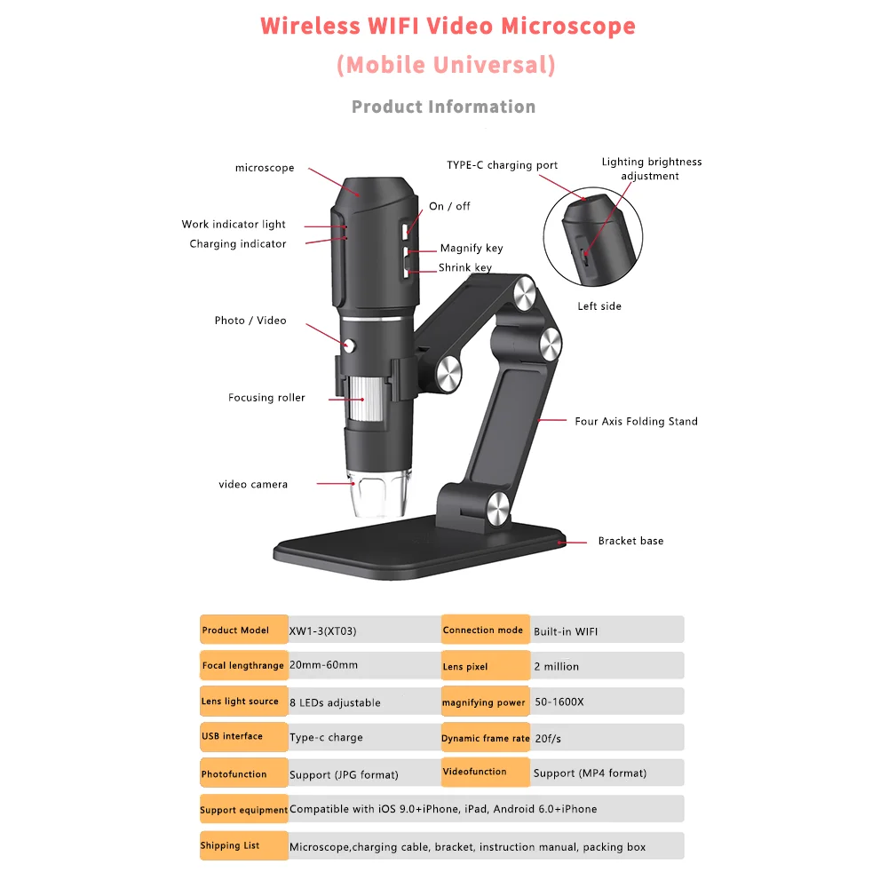 Wifi Digital Microscope 50X-1600X HD Electronic Microscopes For Mobile Repair Adjustable Stand 8LED Compatible with Android/iOS