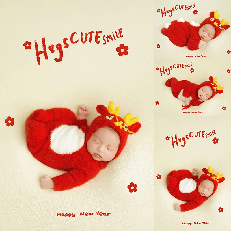 Newborn Shooting Props Dragon Year Red Theme Set Infant Soft Plush Jumpsuit Photography Outfit Studio Shooting Scene Costume