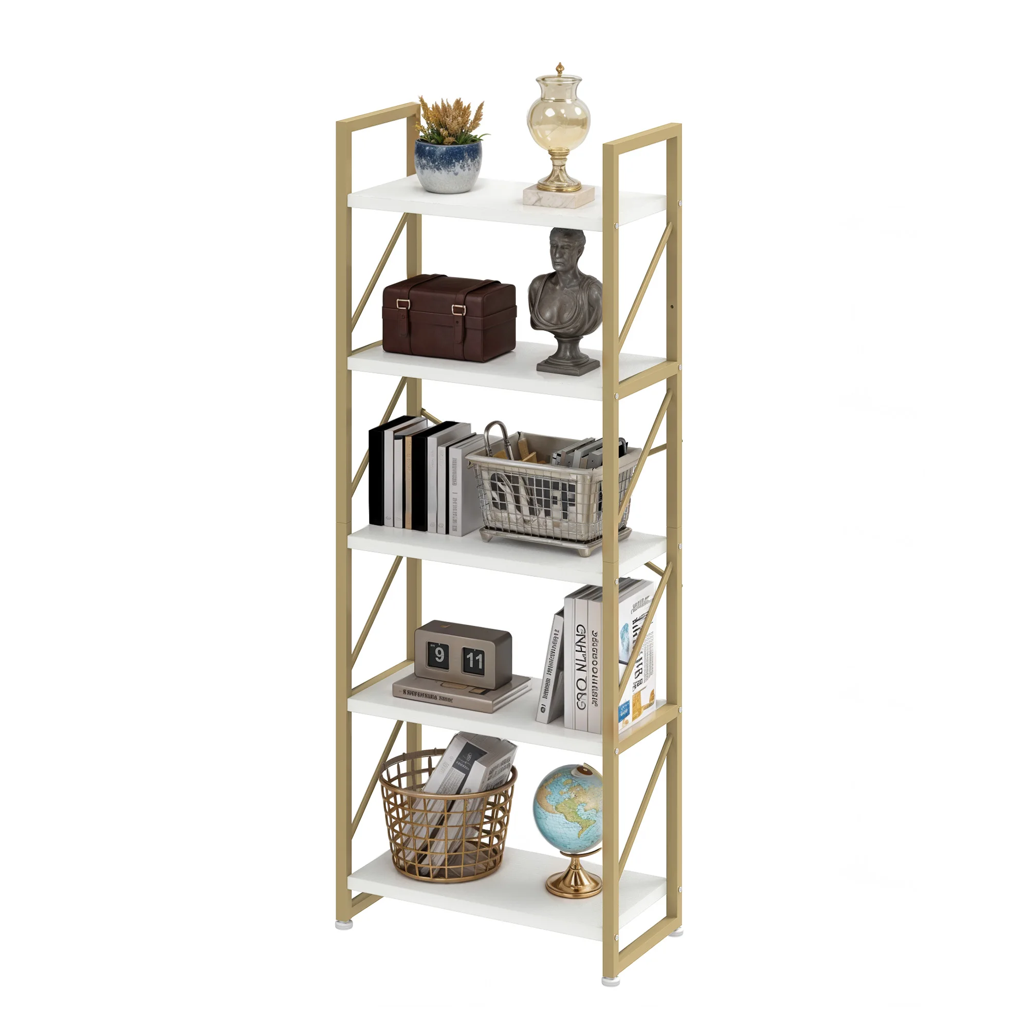 

Metal Frame Industrial Bookshelf Display Storage for Living Room Bedroom Office Gold 5-Tier Tall Bookcase