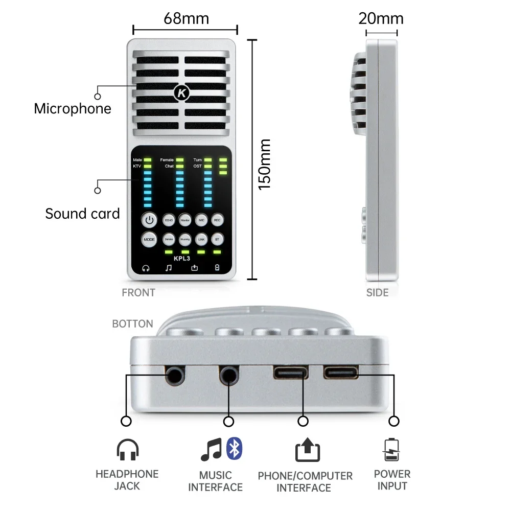 USB Audio Interface Sound Card With Condenser Microphone Live Broadcast Phone/PC Recording Guitar Sound Card For Studio Singing