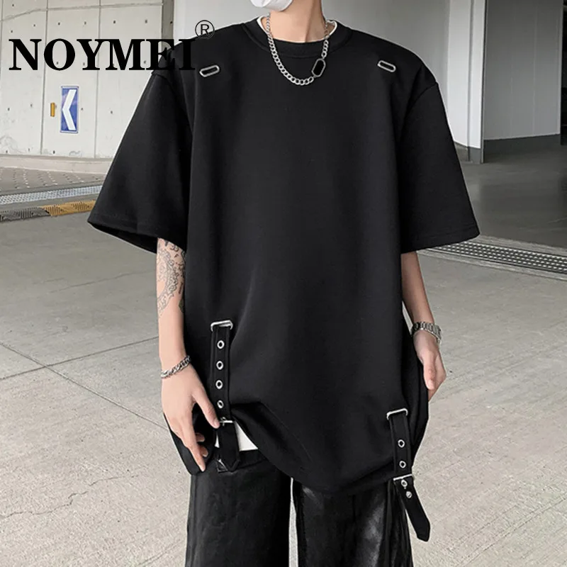 NOYMEI Metal Pore Decoration Shoulder Pads Short Sleeved T-shirt 2024 Summer Black Male Top Men Fashion American Style WA4340