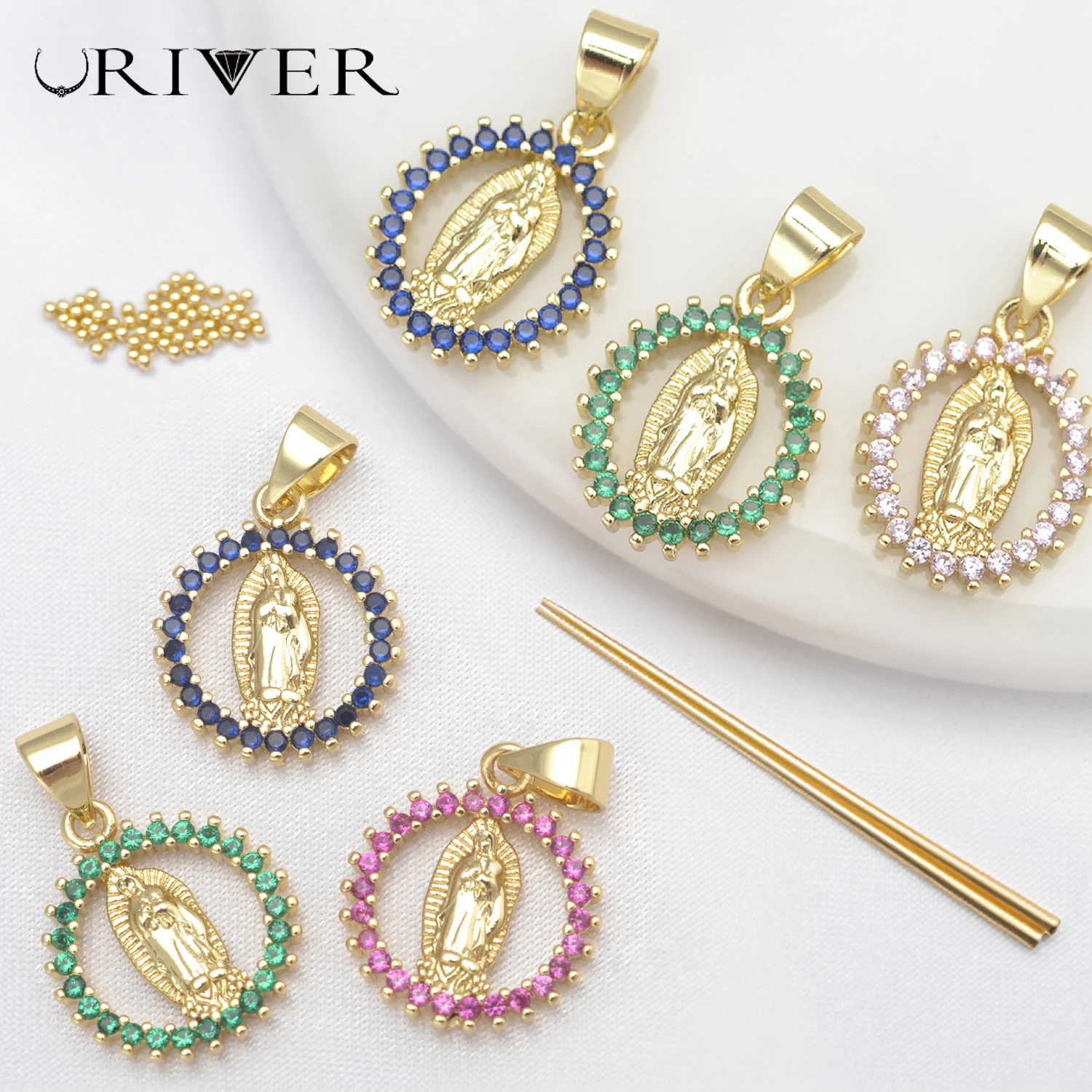 6 Pcs Charms for Diy Jewelry Materials Accessorie Oval Round Virgin Mary Pendant Necklace Chains Parts Pave Color Zircon Crystal