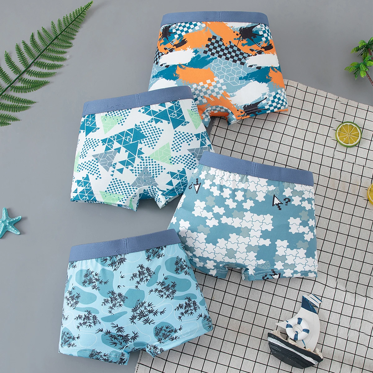 4-piece Set Of Children's Multi-color Combination Cute Underwear Boys' Casual And Comfortable Elastic Waist Flat Angle Pants