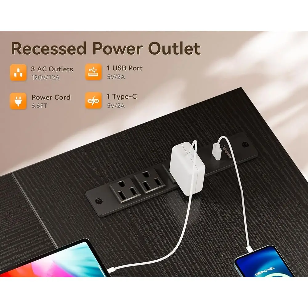 42 H L Shaped Desk With Drawers, Computer Desk With Power Outlets, Home Office Desk With 6 Drawers, Reversible Corner Desk For