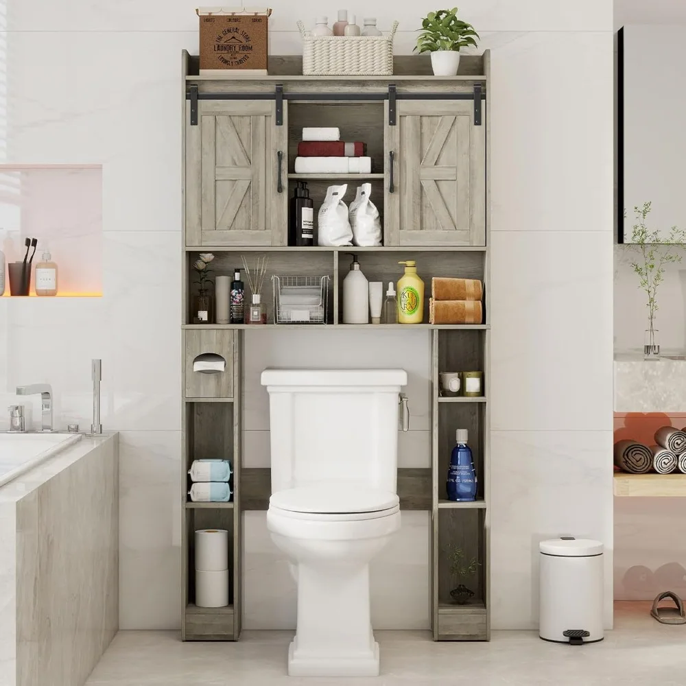 

Farmhouse Storage Cabinet Over Toilet with Sliding Doors，Over The Toilet Storage Cabinet, Home Space-Saving Toilet Rack, for Bat