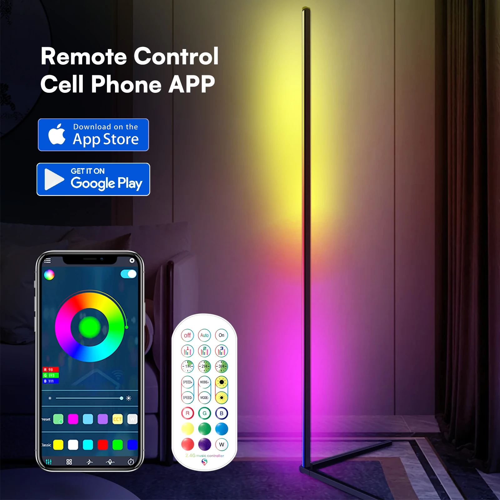 Luci da pavimento angolari da 1/2 pezzi - Cambio colore fai-da-te da 16 milioni, luci moderne intelligenti RGB con telecomando e presa USB di controllo APP