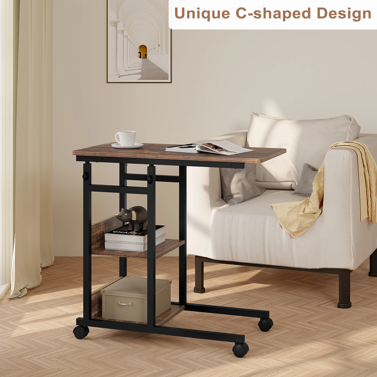 WOLTU Couchtisch, Beistelltisch, Bett-Sofa-Laptoptisch, C-förmig, höhenverstellbar, mit Rollen, Beistelltisch für Wohnzimmer, Schlafzimmer – Detail 12
