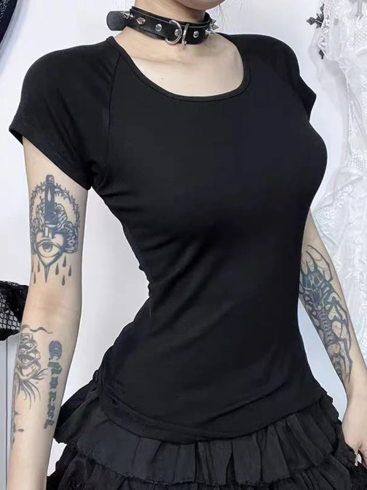 Black Retro Angel Print T-shirt for Women 2024 summer Fashion Slim Fit Tee Shirt Y2k Long Sleeve Bottoming Tops Mujer koreran fa