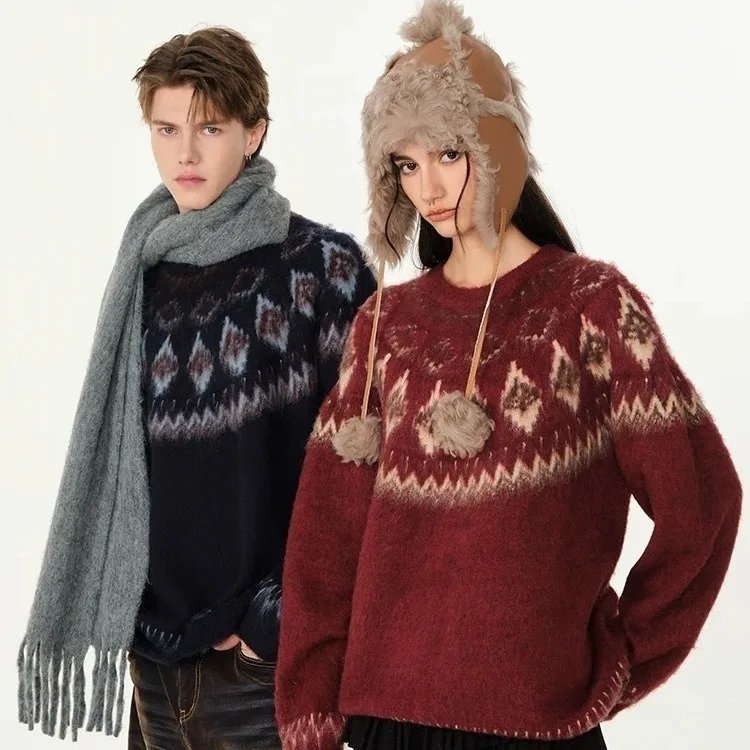 

Рождественский вязаный свитер для пар, свободный пуловер с круглым вырезом и ленивым ромбовидным узором, трикотаж для мужчин и женщин, новинка осени и зимы