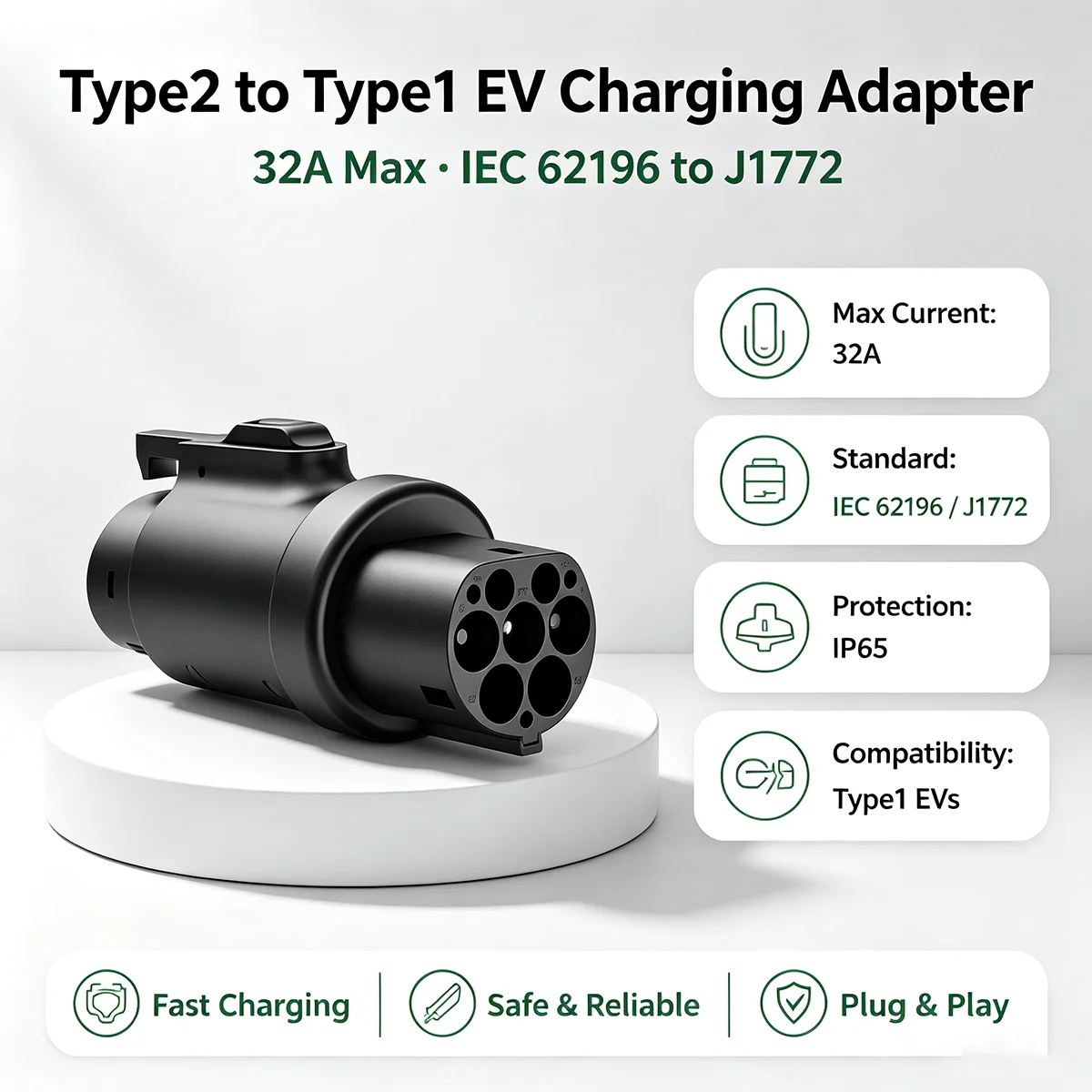 Roiea Type2 to Type1 EV Charging Adapter 32A  IEC 62196 J1772 EV Charger Connector Converter for Electric Vehicle