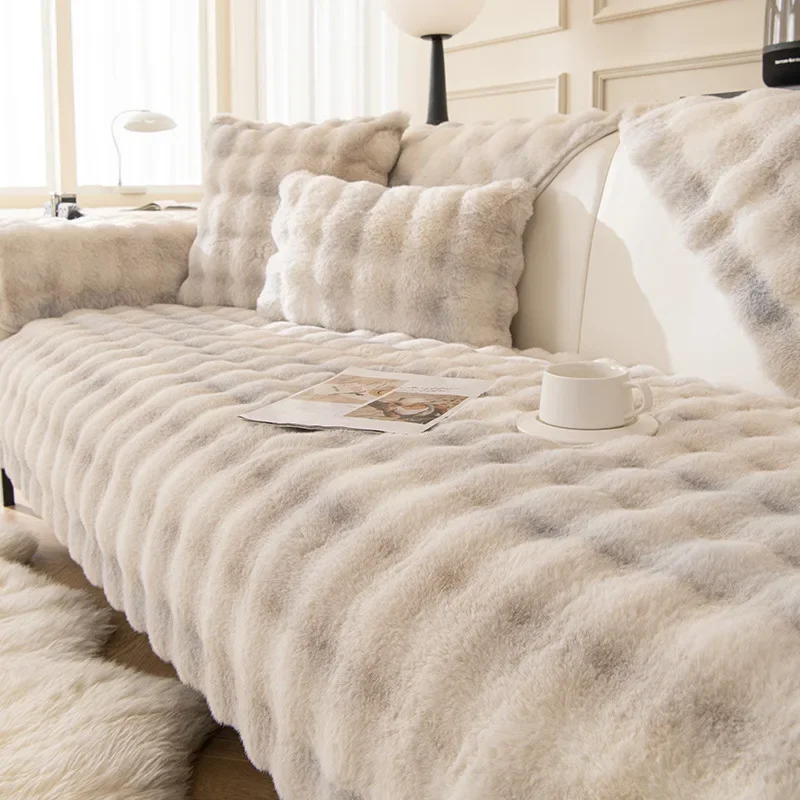 French High-grade Rabbit Plush Sofa Cushion Winter 2023 New Style Thickened Living Room Sofa Cushion Non-slip Sofa Cover Cloth