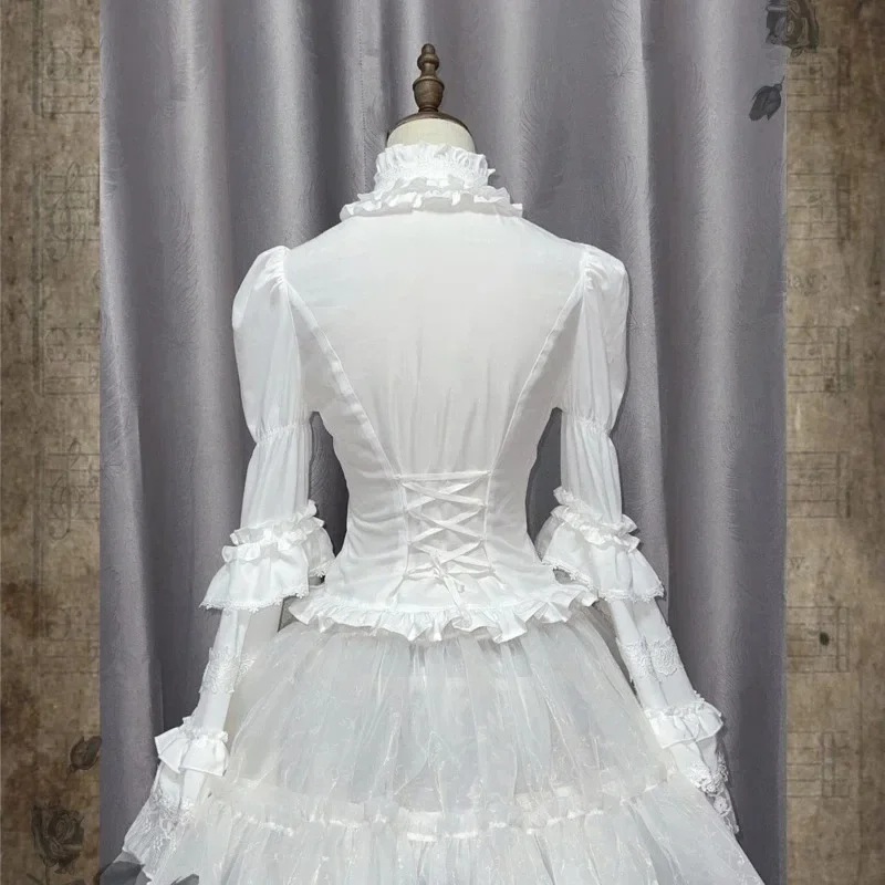 Lolita estilo doce blusa roupas femininas 2025 camisas de mujer manga alargamento gola camisa babados retalhos rendas branco topos