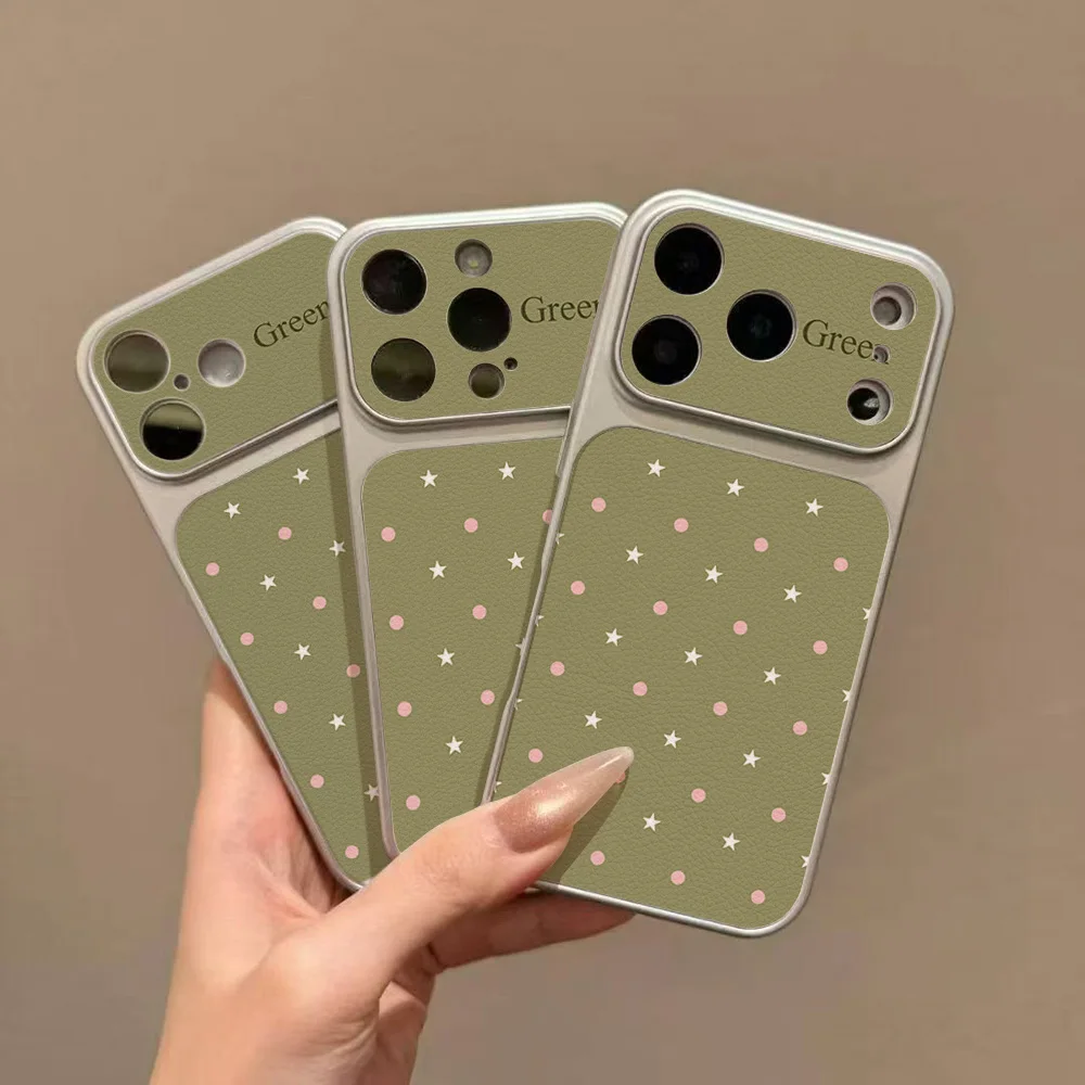 Forest Green Leather Phone Case For iPhone 18 Pro Max Case iPhone 17 16 15 14 13 12 11 Pro Max Stars Polka Dots Shockproof Cover - view 4