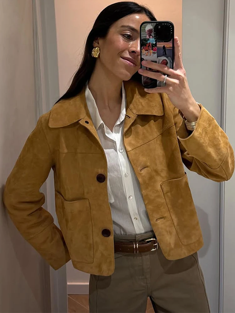 Chaquetas informales de gamuza para mujer, abrigos Vintage de calle holgados con solapa y mangas largas y bolsillos, prendas de vestir elegantes a la moda de primavera 2025 para mujer