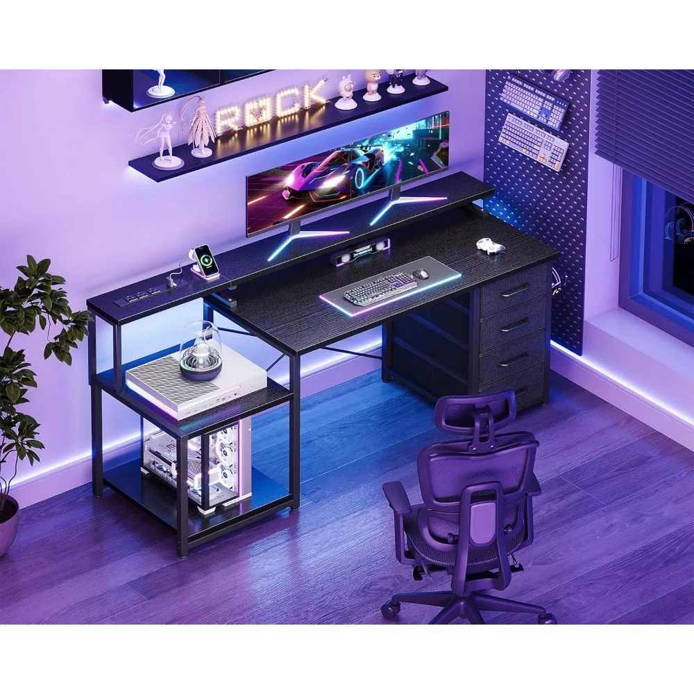 ODK 55 Inch Computer Gaming Desk with Power Outlets & 4 Drawers, Home Office Desk with Monitor Stand & Printer Shelves, Black