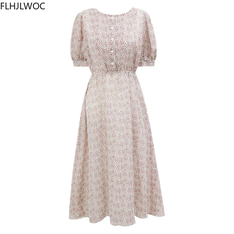 Vintage Printed Dresses Women Fashion Summer Short Sleeve Slim Waist A Line Preppy Style Girls Korean Style Clothes Design Dress