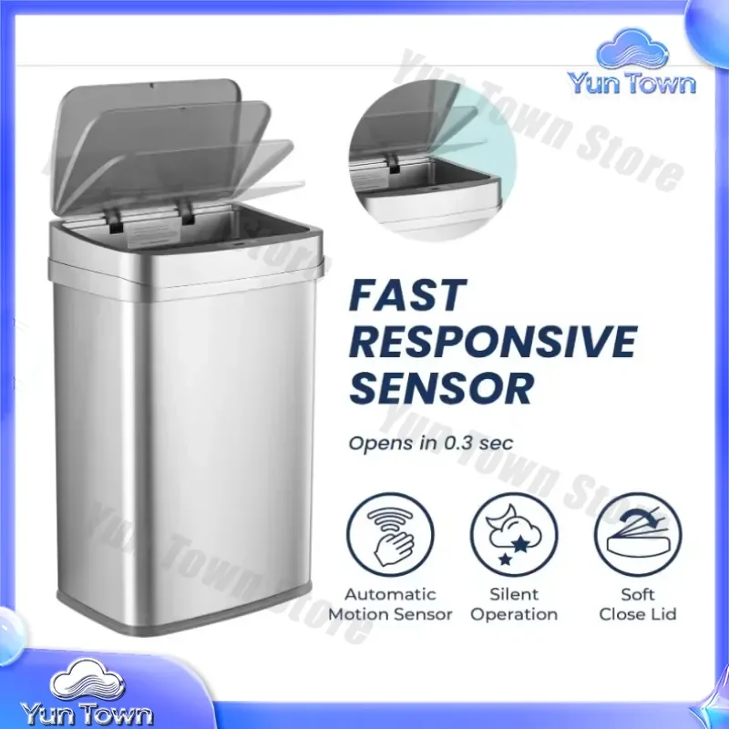 for 13 Gallon 50L Portable Smart Trash Can with Motion Sensor Stainless Steel Rectangular Touchless Kitchen Office Waste Bin