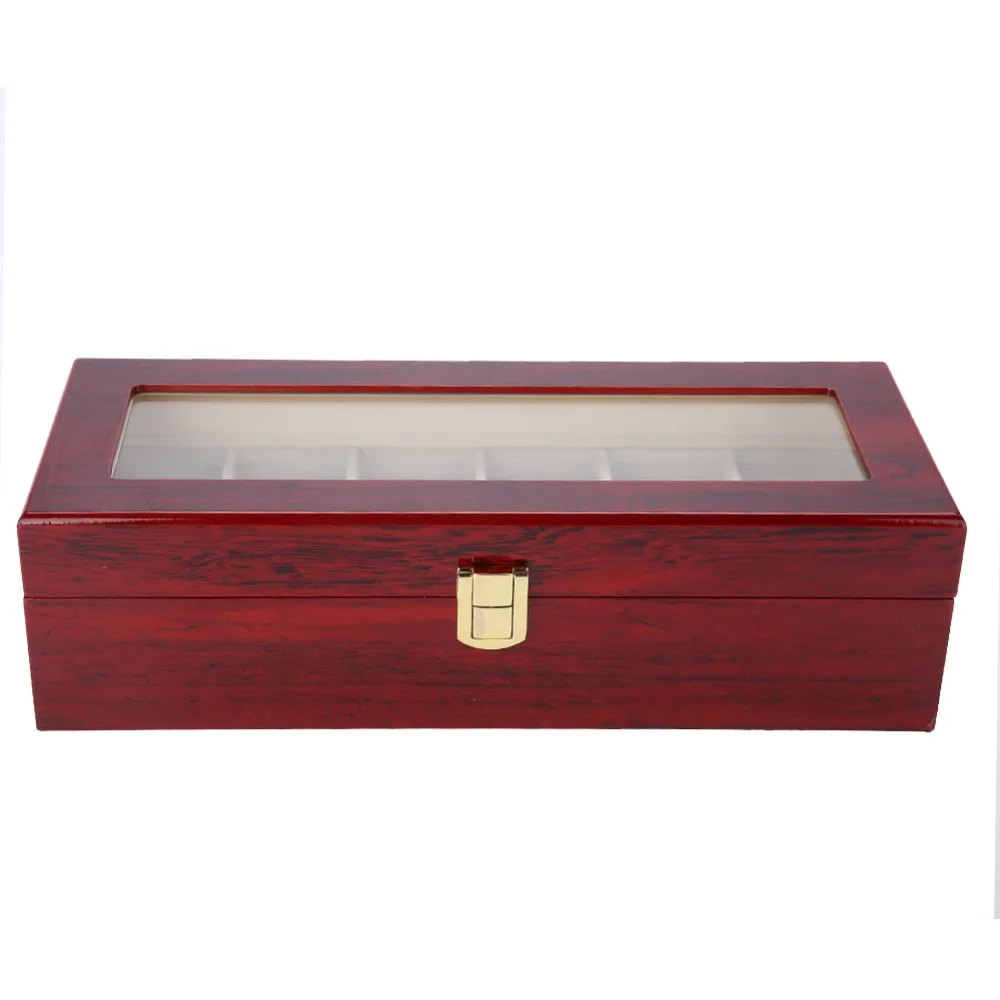 Elegant Wooden Watch Box 6 Slots Glossy Paint Display Case Large Capacity Red Sandalwood Watch Organizer Home Organize