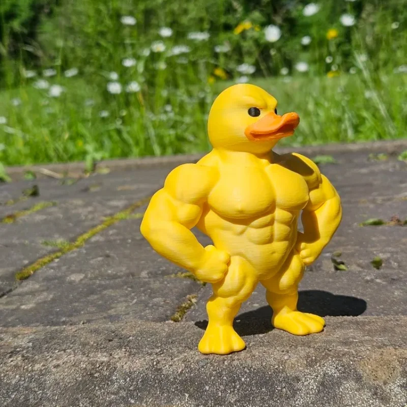 Funny Muscular Yellow Duck Statue 3D Printed Strong Duck Figurine, Hands On Hips Animal Sculpture, Desk Decoration