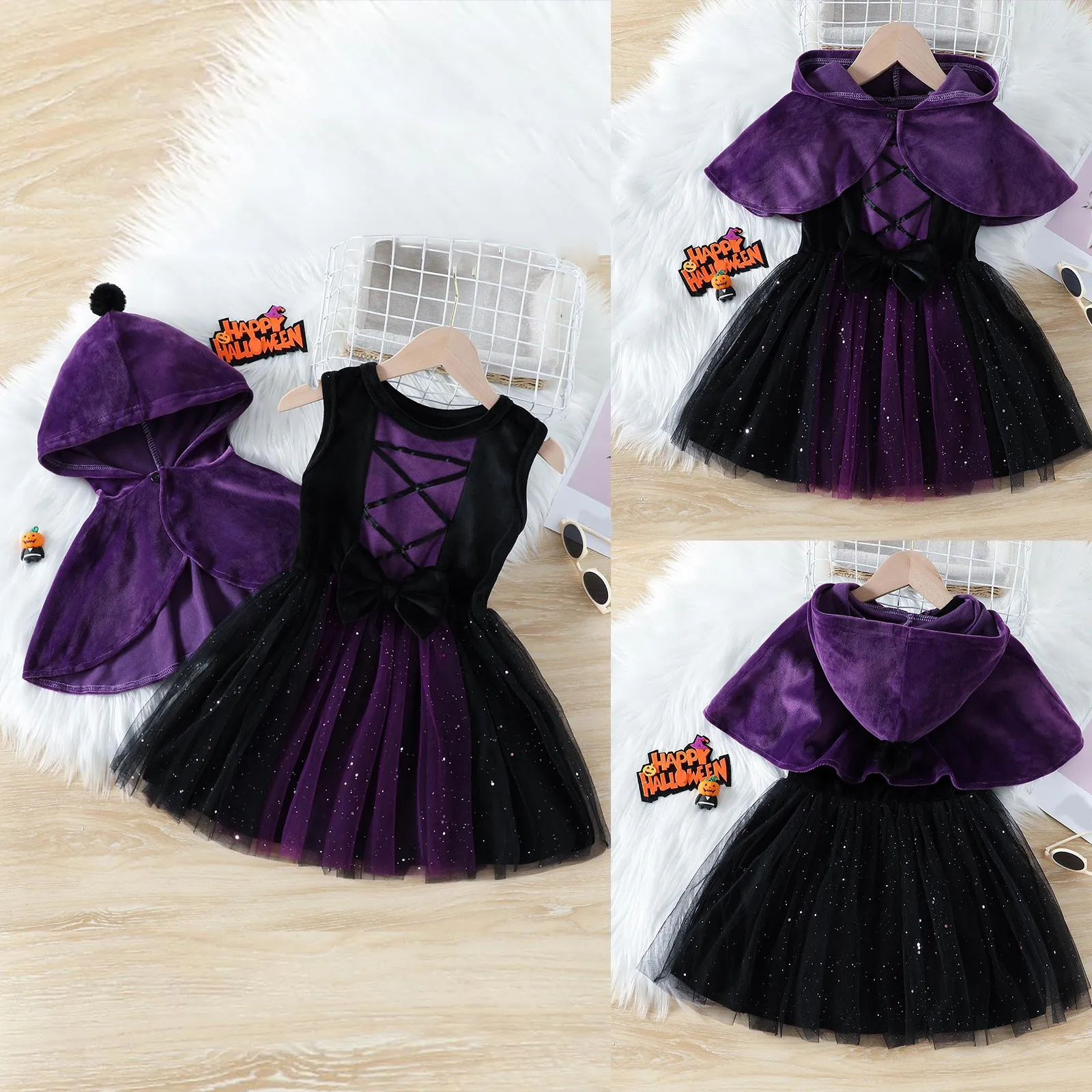 Girls Halloween Dresses 2024 Hooded Cloak And Purple Velvet Mesh Dress For Kids Toddler Halloween Costume Festival Clothing