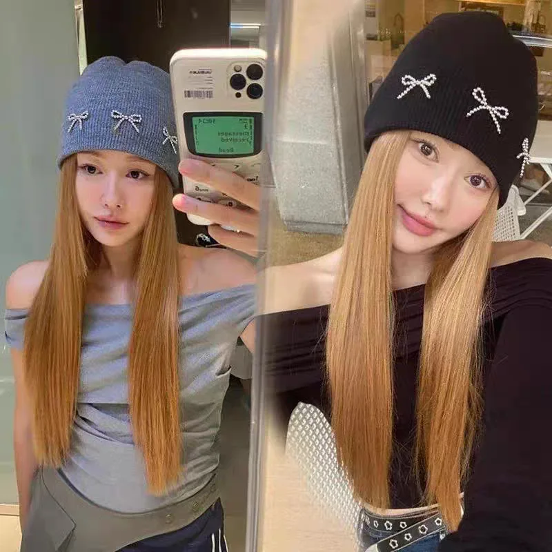 

Women's Pullover Hats Korean Bow Simple Fashionable Versatile Knitted Hats Sweet Cool Y2K High Quality Pullover Hats For Girl