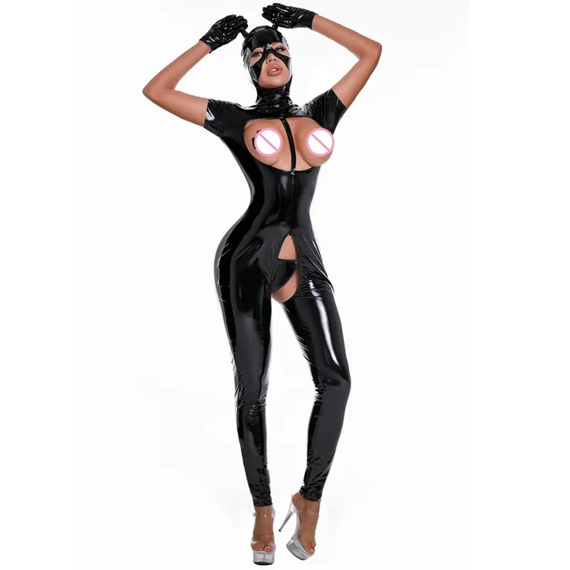 Women Latex Patent Leather Catsuit with Mask PVC Leather Sexy Exposed Nipples Crotchless Sexi Erotic Bodysuit Jumpsuits