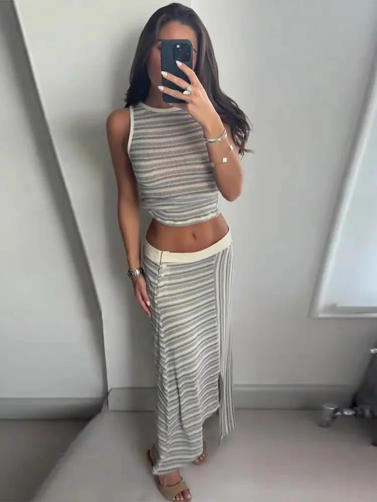 Chic Minimalist Stripe Set Casual Elegant Sleeveless Top Skirt Women Sets Vintage Daily Stylish Street Outfits