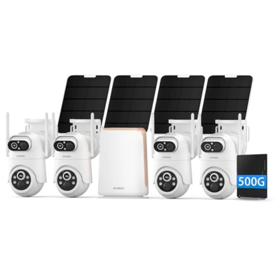 Outdoor security camera system with dual lens, solar-powered battery, color night vision, 5GHz Wi-Fi, two-way audio, strobe sir